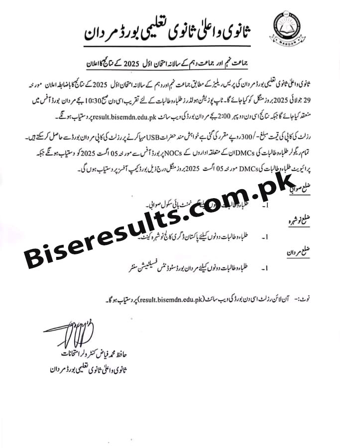 BISE Mardan 9th & 10th Class Result